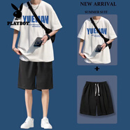 花花公子（PLAYBOY）短袖T恤男兩件套裝夏季短褲男士潮流一套搭配學(xué)生休閑薄款炸街男 【兩件裝】英文白色+黑色短褲 L 建議100-115斤
