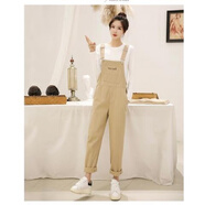 蘭威費雷洋氣背帶褲女韓版寬松新款秋冬季學(xué)生可愛(ài)吊帶牛仔褲 杏色 背帶褲+白色長(cháng)T XL