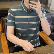 AFILMBY夏季POLO翻領短袖t恤衣服男半袖休閑男裝T恤夏天打底衫衣服男潮流 2318綠色條紋 2XL (145-165斤)