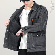 望了型300斤特大碼牛仔外套男加肥加大寬松工裝外套夾克衣服青年字母刺繡牛仔外套時(shí)尚夾克衫男 8008深灰 6XL【建議200-220斤】