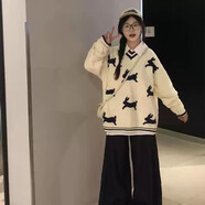 帛飾衣櫥學(xué)院風(fēng)卡通提花軟糯套頭毛衣女秋冬寬松慵懶風(fēng)針織衫早秋上衣 米白色 XL