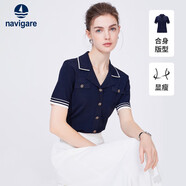 Navigare意大利小帆船女士小香風修身翻領(lǐng)上衣短袖針織衫2324524504 藍 M 