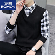 羅蒙（ROMON）2025男士假兩件套頭針織衫加絨加厚毛衣襯.衫領(lǐng)潮流春秋裝 【假兩件】黑白格 常規 4XL 【165-180斤】