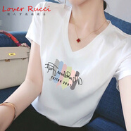 LOVER RUCCI白色短袖T恤女2025春夏新款洋氣休閑寬松印花純棉V領(lǐng)半袖體恤上衣 白色V領(lǐng)6色尖條 S 80-95斤