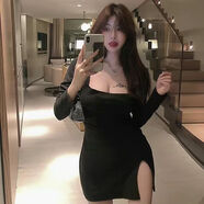 索宛亦（SUOWANYI）大碼女裝胖mm心機連衣裙春秋新款包臀裙修身顯瘦性感打底內搭裙冬 方領(lǐng)開(kāi)叉長(cháng)袖-黑色 3XL 180下拍