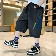 酷萌晨晨男童牛仔短褲夏季薄款新款外穿中大童3-15歲韓版中褲兒童七分褲 黑色 140cm
