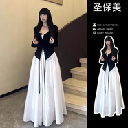 圣保美法式氣質(zhì)白色無袖吊帶連衣裙春秋季女裝2024新款高級感長裙子套裝 單件【披肩】 M碼