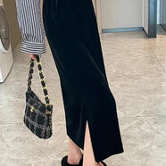 妙奕嘉金絲絨半身裙女秋冬季黑色裙子新款半裙a字裙包臀裙長(cháng)裙高檔百搭 黑色絲絨開(kāi)叉半身裙 L 【建議80-110斤】