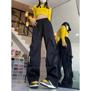 QGF粉色工裝褲子女美式高街設(shè)計感闊腿褲hiphop春秋休閑傘兵沖鋒長褲 黑色 M