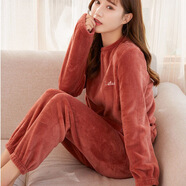 驍芬仙女暖暖褲套裝女冬季加厚睡衣珊瑚絨保暖家居服 果醬紅(褲子+上衣) 均碼適合90-160斤