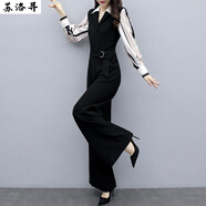 蘇洛尋春秋連體褲女2025春秋新款韓版時尚休閑黑色連衣褲高腰闊腿褲套裝 圖片色 L 建議100-110斤