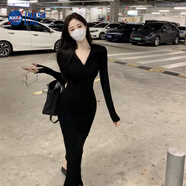 NASALIKE純欲復古修身連衣裙夏季氣質長款包臀魚尾裙女2025新款長袖打底裙 黑 色 XL（110-125斤）