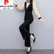 皮爾卡丹（pierre cardin）春秋季新款連體褲女韓版時(shí)尚休閑黑色連衣褲高腰闊腿褲套裝顯瘦 黑色 拼波點(diǎn) 346款 3XL 135-145斤