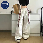 PMOG美式復(fù)古三條杠工裝褲女秋冬新款學(xué)生韓版寬松百搭闊腿褲休閑長褲 米白色長褲 M