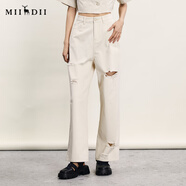 謎底破洞牛仔褲女夏新品復古BF風(fēng)親膚透氣直筒褲242MK0614 米白 M