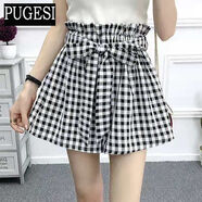 短褲女夏松緊腰闊腿褲學(xué)生高腰韓版寬松顯瘦格子百搭時(shí)尚休閑熱褲 格子短褲 S