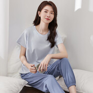 頂瓜瓜睡衣女純棉春夏套頭女可外穿短袖家居服套裝 卷舒藍撞藍女 160