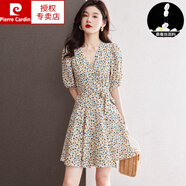 皮爾卡丹（pierre cardin）小個(gè)子桑蠶絲碎花中裙v領(lǐng)系帶高腰氣質(zhì)高真絲連衣裙新款夏 杏色 L