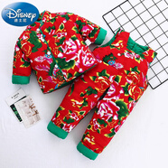 迪士尼純手工嬰兒童棉花棉衣 新生兒寶寶棉襖棉褲套裝棉服薄厚 秋冬季款 紅色 紅東北大花 100cm加厚建議2到3周)