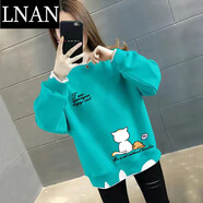 LNAN女裝卡通衛(wèi)衣女2025新款春秋裝韓版百搭寬松薄款假兩件印花上衣 天空藍-慵懶貓黑字 2XL_建議140-160斤