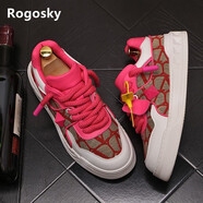 Rogosky香港潮牌男鞋子四季款透氣低幫休閑鞋韓版牛皮拼布一腳蹬懶人板鞋 玫紅色增高版 38（皮鞋碼）