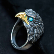 麥嘟嘟手工S925銀戒指老鷹指環(huán)男女霸氣個(gè)性時(shí)尚開(kāi)口戒指環(huán)情侶對戒 綠松款