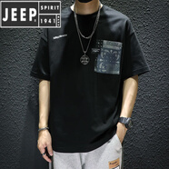 JEEP SPIRIT/吉普夏季黑色純棉短袖T恤男寬松潮牌ins大碼半袖胖子加肥加大潮 黑色 5XL 建議220-240斤