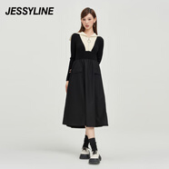 Jessy line秋季專柜款 杰茜萊拼接收腰長款連衣裙 334111218 黑色 XS/155