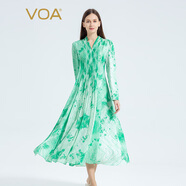 VOA真絲提花印花22姆米V領(lǐng)長(cháng)袖風(fēng)琴褶設計清新田園連衣裙 AE2352 青霜綠痕（G27） XL