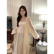 茵藍(lán)彩（YINLANCAI）長(zhǎng)袖開(kāi)衫抽褶西裝裙仙女半身裙女長(zhǎng)裙2025春夏季新款時(shí)尚三件套 杏背心+杏開(kāi)衫+杏半裙 L 【110-120】