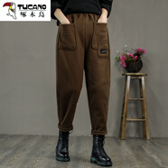 啄木鳥（TUCANO）新款舒適大碼休閑褲胖mm顯瘦哈倫褲女秋冬時(shí)尚加絨加厚運(yùn)動(dòng)褲 咖啡色 XL【125-140斤】