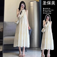 圣保美無袖掛脖吊帶裙連衣裙2025新款夏季女裝海邊沙灘裙子度假長裙顯瘦 白色【碎花刺繡工藝】 M 碼