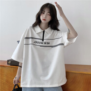 風(fēng)采兔 2022春夏新款寬松polo衫翻領(lǐng)短袖T恤女裝韓版拉鏈學(xué)生半袖ins上衣 白色 M