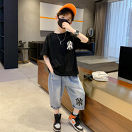 嚕 C童裝男童短袖套裝夏裝2025新款中大兒童衣服夏季洋氣男孩酷帥潮 黑色 160 (建議身高150-155左右)