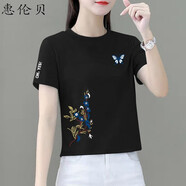 惠倫貝純棉短款t恤女2025夏季新款寬松高腰顯瘦小個(gè)子短袖女上衣體恤衫 黑色-藍(lán)色蝴蝶 L 101-110斤