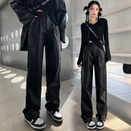 妹丫2025秋冬新款PU皮褲休閑寬松直筒長腿褲高腰闊腿褲小個(gè)子西裝皮褲 黑色-小個(gè)子不加絨 XS建議75-85斤