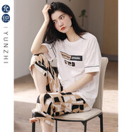 允織純棉睡衣女夏季短袖短褲套頭薄款七分褲夏天全棉女士家居服套裝 8221-本白 XL (170) ：建議120-140斤穿著(zhù)