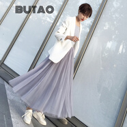 BUTAO網(wǎng)紗半身裙女春季新款百搭氣質(zhì)長裙垂墜感百褶中長款紗裙 灰色（灰色里襯） M 85C