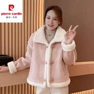 皮爾卡丹2025冬季新款小個(gè)子短款加厚羊羔毛外套女皮毛一體機(jī)車(chē)服夾克上衣 粉紅色 M 95-110