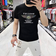 catwick 歐洲站時(shí)尚夏季新款潮牌男士絲光棉字母印花燙鉆短袖修身T恤男潮 黑色 XL