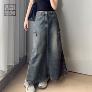 美洋（MEIYANG）濟(jì)州島牛仔半裙美式復(fù)古工裝口袋后開叉A字魚尾裙高腰新款半身裙 藍(lán)色 M