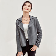 尚都比拉復古摩登翻領(lǐng)拉鏈鹿皮絨短外套女春秋休閑百搭夾克 煙灰色 XL 