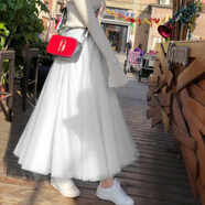 雷黛茜秋冬季韓版新款學(xué)生加絨加厚網(wǎng)紗半身裙中長(cháng)款大擺紗裙子百褶裙女 常規 白色(款) (四季可穿) 均碼