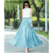 vuzrmm香港潮牌品牌女裝春夏中長(cháng)款大擺半身裙雪紡紗a字裙百褶長(cháng)裙半截垂感裙子 湖藍暗菊 XS腰圍1.7-1.8尺