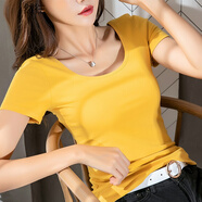 然往短袖T恤女U領(lǐng)大領(lǐng)口上衣夏低領(lǐng)性感緊身上衣女棉簡(jiǎn)約韓版純色夏裝 姜黃色【雙U領(lǐng)】 XL 112斤到125斤