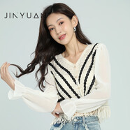 金苑（JINYUAN）雪紡衫女2023夏季新款V領(lǐng)甜美拼接網(wǎng)紗流蘇長(zhǎng)袖條紋A232109 杏色 均碼