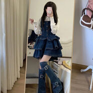 NRDCZ裙子小個子連衣裙 可愛 甜美蓬蓬裙秋季復(fù)古牛仔吊帶連身女裝襯衣 襯衣+吊帶裙+腿套 L