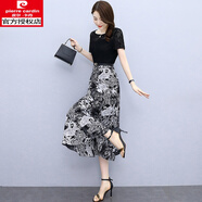 皮爾卡丹（pierre cardin）連衣裙女夏2025年新款收腰顯瘦氣質(zhì)蕾絲雪紡拼接法式碎花長款裙子 黑色 M