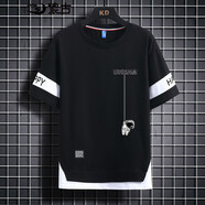 浪古純棉夏季短袖T恤男士圓領(lǐng)半袖男裝休閑衛t青少年學(xué)生衣服打底衫 390-13黑色 M