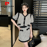 皮爾卡丹大碼胖MM夏季時(shí)尚小香風(fēng)套裝短款時(shí)尚拼色上衣高腰半身裙一整套潮 圖片色套裝 M (建議80~斤)